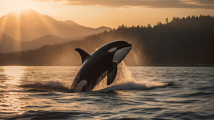 Orcinus Orca jumping out of the sea water at sunset. Killer Whale leaps in nature with splashes, ocean Norway fjord at background landscape. generative ai - obrazy, fototapety, plakaty