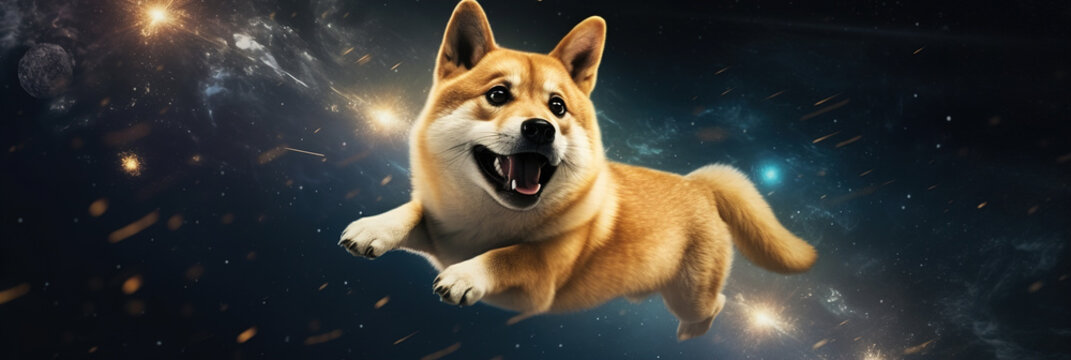 Corgi Dog flying in Space on cosmos background. Astronaut Doge trip to galaxy. Animal Space journey abstract concept. generative ai