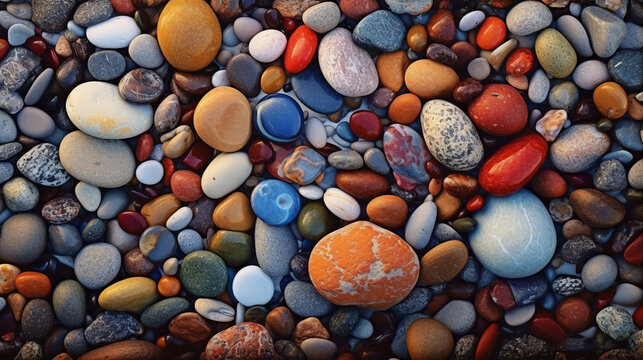 Breathtaking beauty of exquisitely detailed colored stones scattered along the picturesque shoreline of a romantic beach in Denmark, shot from above. Generated AI.