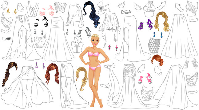 Prom Dress Coloring Page Paper Doll with Clothes, Hairstyles and Accessories. Vector Illustration