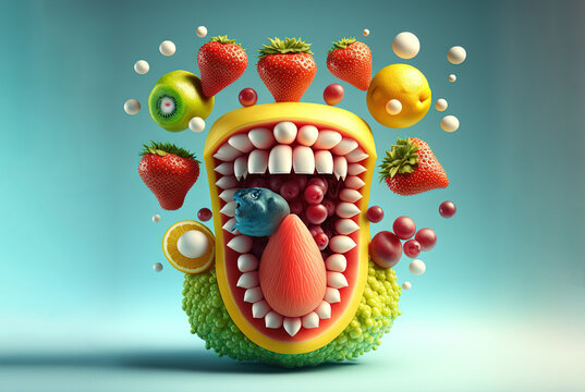 Funny exotic fruit monster. Cute juicy character with expressing freshness and fun. Generated AI.