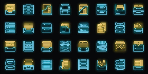 Paper tray icons set outline vector. Office rack. Storage equipment neon color on black