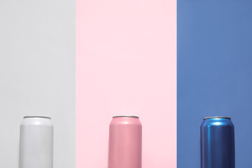 Cans of fresh soda on color background