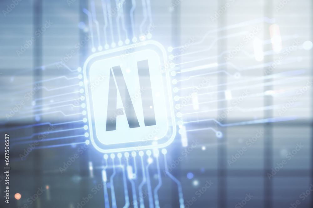 Aufkleber double exposure of creative artificial intelligence icon on empty modern office background. neural n