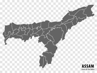 Blank map State Assam of India. High quality map Assam with municipalities on transparent background for your web site design, logo, app, UI. Republic of India.  EPS10. - obrazy, fototapety, plakaty