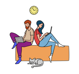 A man, a woman and a cat. A couple, freelancers who work remotely. Or students studying the subject. Flat vector cartoon illustration.