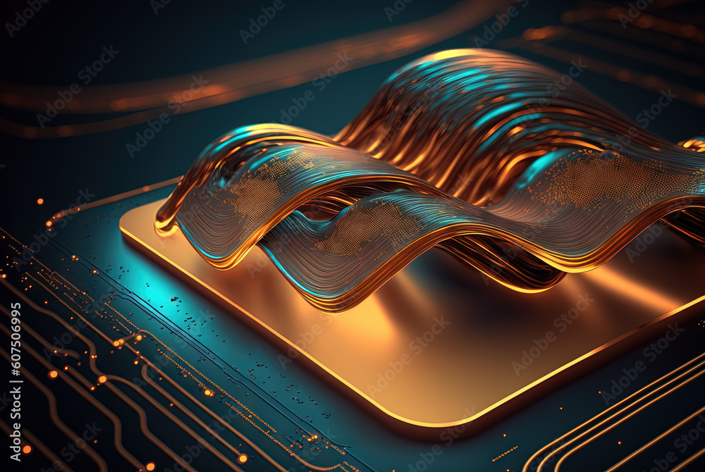 Poster Abstract science and technology background with shiny connection elements and sci-fi intefrace. Tech abstraction wallpaper. Generated AI.