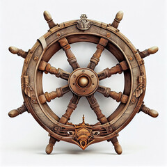 Vintage wooden ship's wheel on an isolated white background. Generative AI