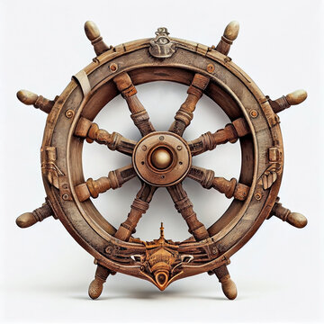 Vintage wooden ship's wheel on an isolated white background. Generative AI