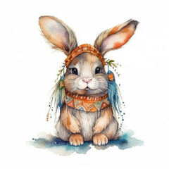 Bunny Rabbit Watercolor. Cute Rabbit in Boho style in headdress with feathers, decorated with Indians Tribal accessories on a white background isolated. Generative ai illustration in watercolor style