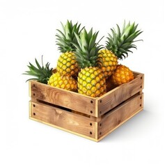 Wooden box with sweet pineapples isolated on white background, closeup, generative AI