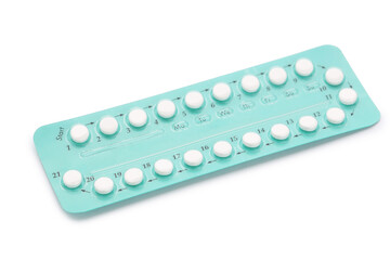Oral contraceptive pills isolated on white background - obrazy, fototapety, plakaty