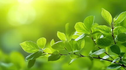 Fototapeta na wymiar Fresh green leaves in spring and bokeh background. Generative ai