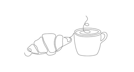 Coffee and croissant one line style. Breakfast theme linear cappuccino matcha pastry, bakery concept. Vector illustration