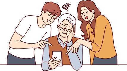 Elderly man learns to use phone and listens to advice of adult children teaching how to send SMS