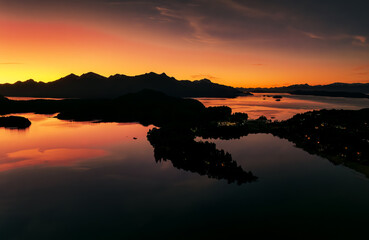 Sunset View Of Silhouette Andes Range During Golden Hour Over Nahuel Huapi Lake At San Carlos de Bariloche, Argentina.