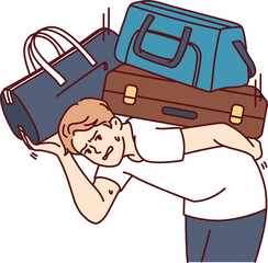 Dissatisfied man with heavy suitcases is moving or relocating to new city or country