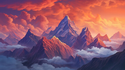 Realistic mountains landscape, mountains silhouettes. Generative ai