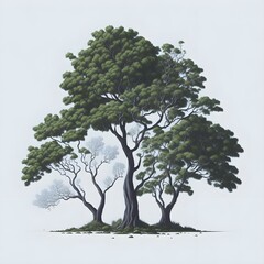 Illustration Tree Art, Fantasy Tree, White Background, Green Tree, Generative AI Image