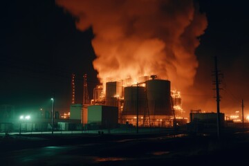 View of Big explosion and fire on power plant. Generative AI