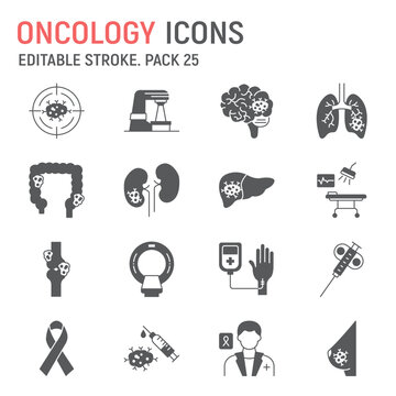 Oncology Glyph Icon Set, Medical Collection, Vector Graphics, Logo Illustrations, Cancer Therapy Vector Icons, Medicine Signs, Solid Pictograms, Editable Stroke