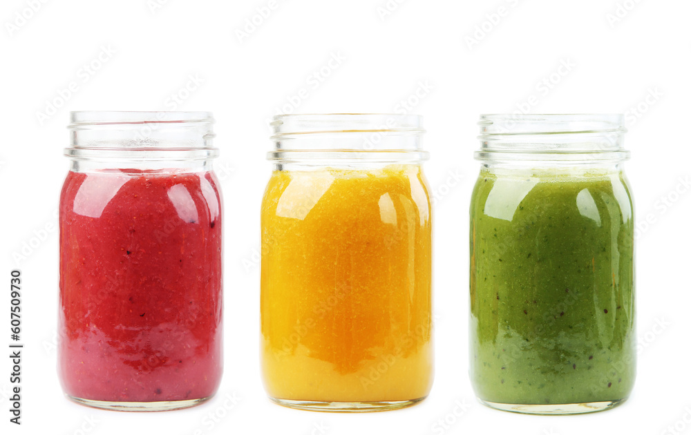 Canvas Prints collage of smoothie in glass jars isolated on white background