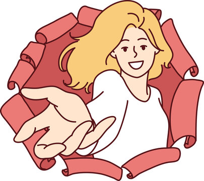 Happy woman stretching open palm through hole in torn paper to make Follow me gesture