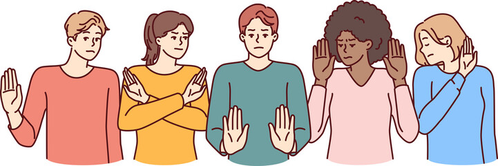 Group of multiethnic people show stop gestures not wanting to accept discrimination