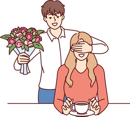 Romantic man with bouquet closes girlfriend eyes, wanting to make surprise and give favorite flowers