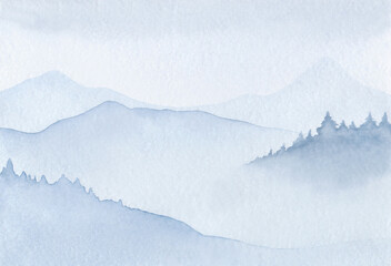 Watercolor, abstract background with a panoramic view of the winter mountains with trees in light blue shades. Drawn by hand. For banner, decoration and as a design element. abstract arrangements.