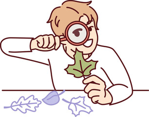Teenager boy with magnifying glass examines leaf from tree, studying plants doing homework