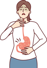 Sick woman with symptoms of gastroesophageal reflux or gastritis disease resulting from junk food