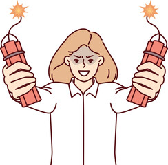 Angry businesswoman holding dynamite in hands threatening to make explosion company employees