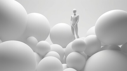 A man among many white balloons. Abstract composition with random spheres. Balls in different sizes. Generative AI. Illustration for for banner, poster, cover, brochure or presentation.