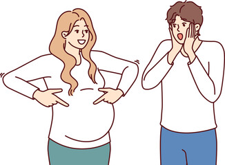 Fototapeta premium Shocked man is surprised to see pregnant woman and does not want to become father