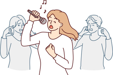 Woman sings in karaoke standing near friends covering ears due to unbearable voice or high volume