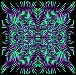 Psychedelic trippy colorful fractal mandala, turquoise violet gradient color. 3D effect. Stylish card.