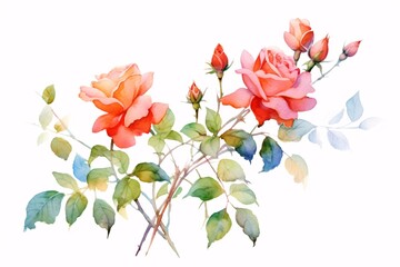 Flowers roses, branches, leaves and buds on an isolated white background, watercolor illustration, floral design. Generative Ai.