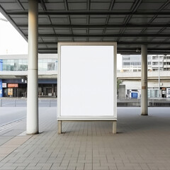 Blank advertising mock-up board on public station's advertisement space, generative AI