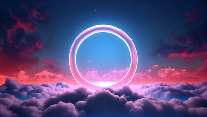 3d render, abstract geometric background, ring shape glows with neon light inside the soft colorful cloud, fantasy sky with blank linear round frame generative ai