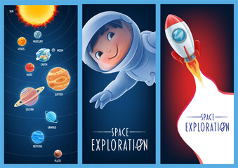 astronomy and science lesson banner set for kids with astronaut and space rocket and solar system planets - 607512131