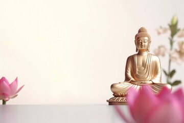 Minimalistic Buddha Statue and Lotus Flower on Empty Space Background