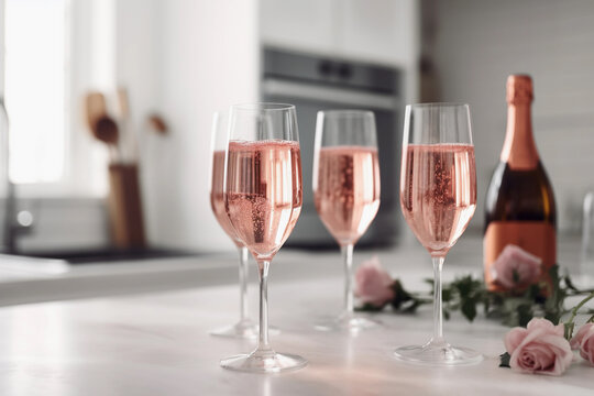 Rose sparkling wine in flute glasses in a white kitchen, generative AI