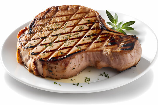 Grilled pork chop on a plate with grilled marks, generative AI