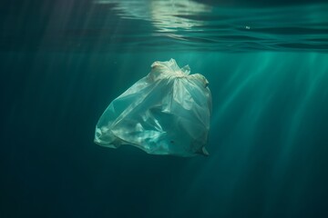 Fototapeta premium White plastic bag in the ocean or sea. Underwater waste. Pollution problems. Generative Ai.