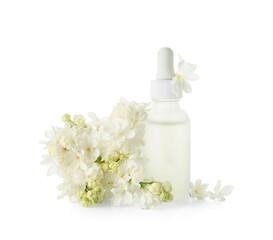 Fototapeta na wymiar Bottle of cosmetic oil with beautiful lilac flowers on white background