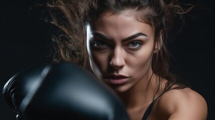 Sporty fit latin woman during boxing exercise making hit. Boxer isolated on dark background. Strength and motivation. Generative Ai.