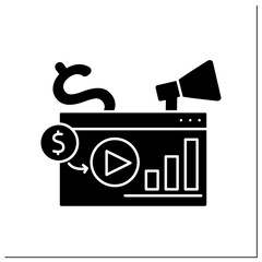 Roi glyph icon.Return on Investment. Financial ratio illustrates level of profitability or unprofitability of business.Video marketing concept.Filled flat sign. Isolated silhouette vector illustration