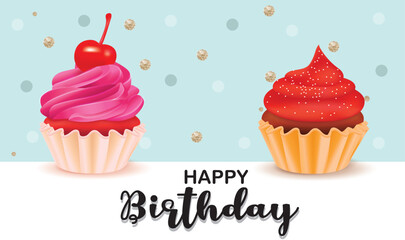 Celebrating with Sweet Delights: A Joyous Birthday Extravaganza adorned with a Captivating Long Banner Featuring Scrumptious Cherry Cupcakes, Gilded and Blue Dots, and a Serene Light Blue Background
