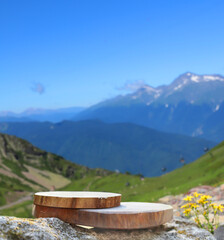 The podium is made of wood sawn with a natural background. Front showcase with a stand for the...